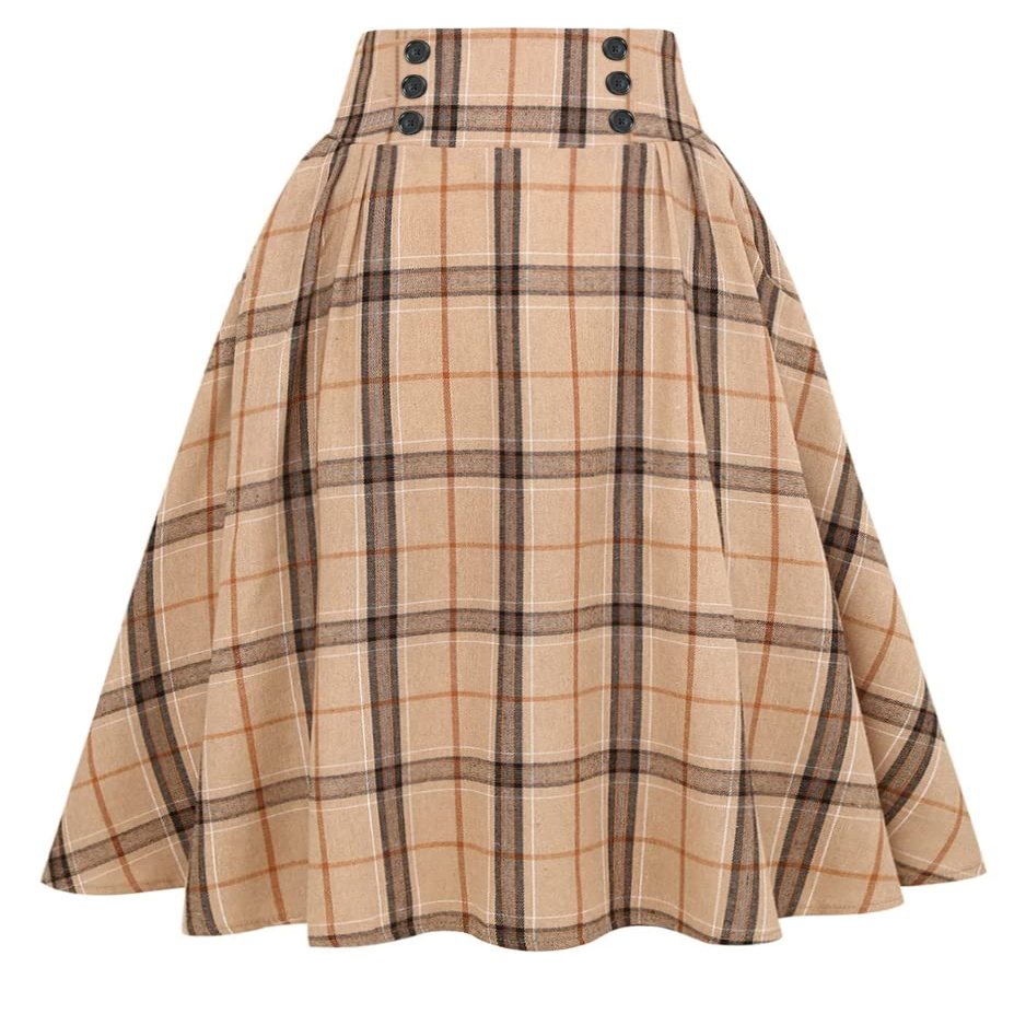 Plaid Skirt for Womens High Waist Aline Pleated Midi Skirts(Khaki, S)