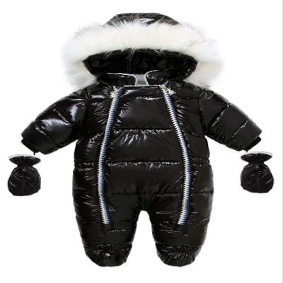 Bestgift Winter clothes thick PU fur collar children's one-piece suit fur collar baby one-piece clothes thick warm romper Black 90