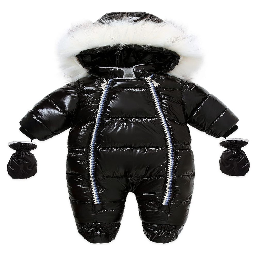 Bestgift Winter clothes thick PU fur collar children's one-piece suit fur collar baby one-piece clothes thick warm romper Black 90