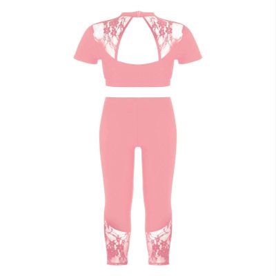 VernLan Kids Girls 2 Piece Lace Sports Outfits Racer Crop Top with Leggings Sports Tracksuit Set Pink 14 Years