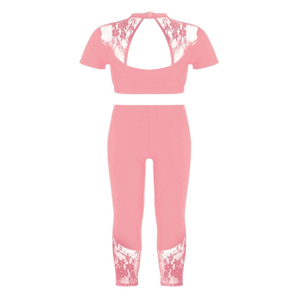 VernLan Kids Girls 2 Piece Lace Sports Outfits Racer Crop Top with Leggings Sports Tracksuit Set Pink 14 Years