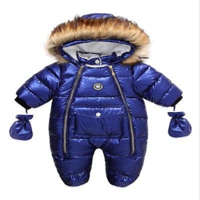 Bestgift Winter Thicken PU Fur Collar Children's One-piece Baby One-piece Clothes Thicken Warm Romper Navy blue 90