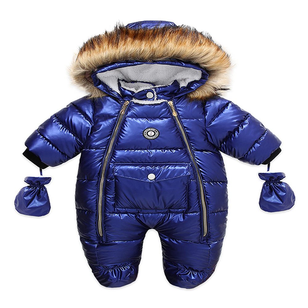 Bestgift Winter Thicken PU Fur Collar Children's One-piece Baby One-piece Clothes Thicken Warm Romper Navy blue 90