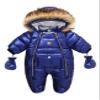 Bestgift Winter Thicken PU Fur Collar Children's One-piece Baby One-piece Clothes Thicken Warm Romper Navy blue 90
