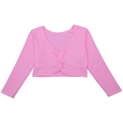TAIKMD Kids Girls Long Sleeve Ballet Wrap Tops Classic Sweater Cardigan Ballerina Dance T-shirt Leotard Dress Cover up (Pink, 5-6)