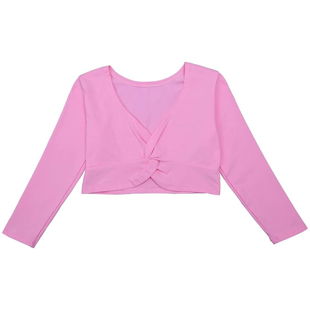 TAIKMD Kids Girls Long Sleeve Ballet Wrap Tops Classic Sweater Cardigan Ballerina Dance T-shirt Leotard Dress Cover up (Pink, 5-6)