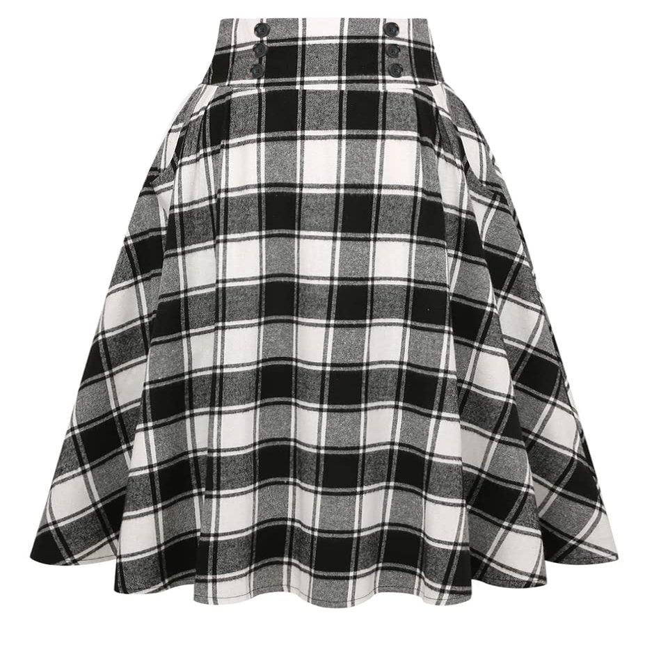 Black and White Plaid Skirt for Women Fall Winter Aline Pleated Midi Skirt (Black&White, Medium)