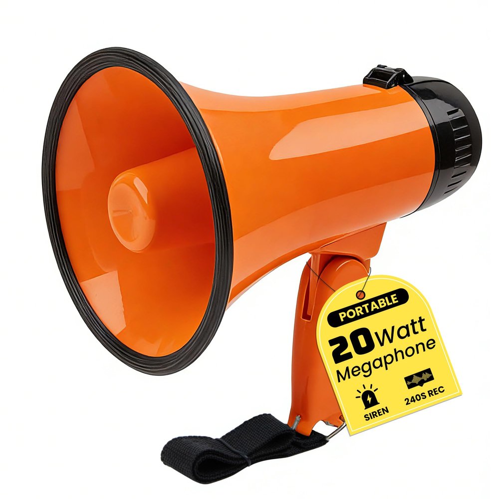 MyMealivos Portable Megaphone Bullhorn 20 Watt Power Megaphone Speaker Voice and Siren/Alarm Modes with Volume Control and Strap (Orange)