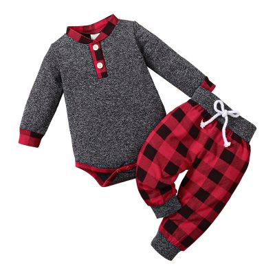 FOCICI Newborn Baby Boy Clothes Fall Winter Infant Outfits For Boys Long Sleeve Button Romper and Plaid Pants 2pcs Set Red 6-12 Months