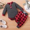 FOCICI Newborn Baby Boy Clothes Fall Winter Infant Outfits For Boys Long Sleeve Button Romper and Plaid Pants 2pcs Set Red 6-12 Months view 2