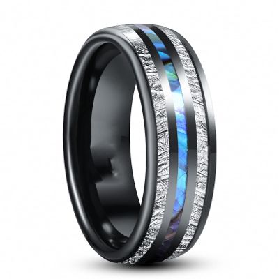 8 mm Electric Black Inlaid Meteorite Abalone Shell Dome Tungsten Carbide Ring Men's Wedding Jewelry As The Picture 11