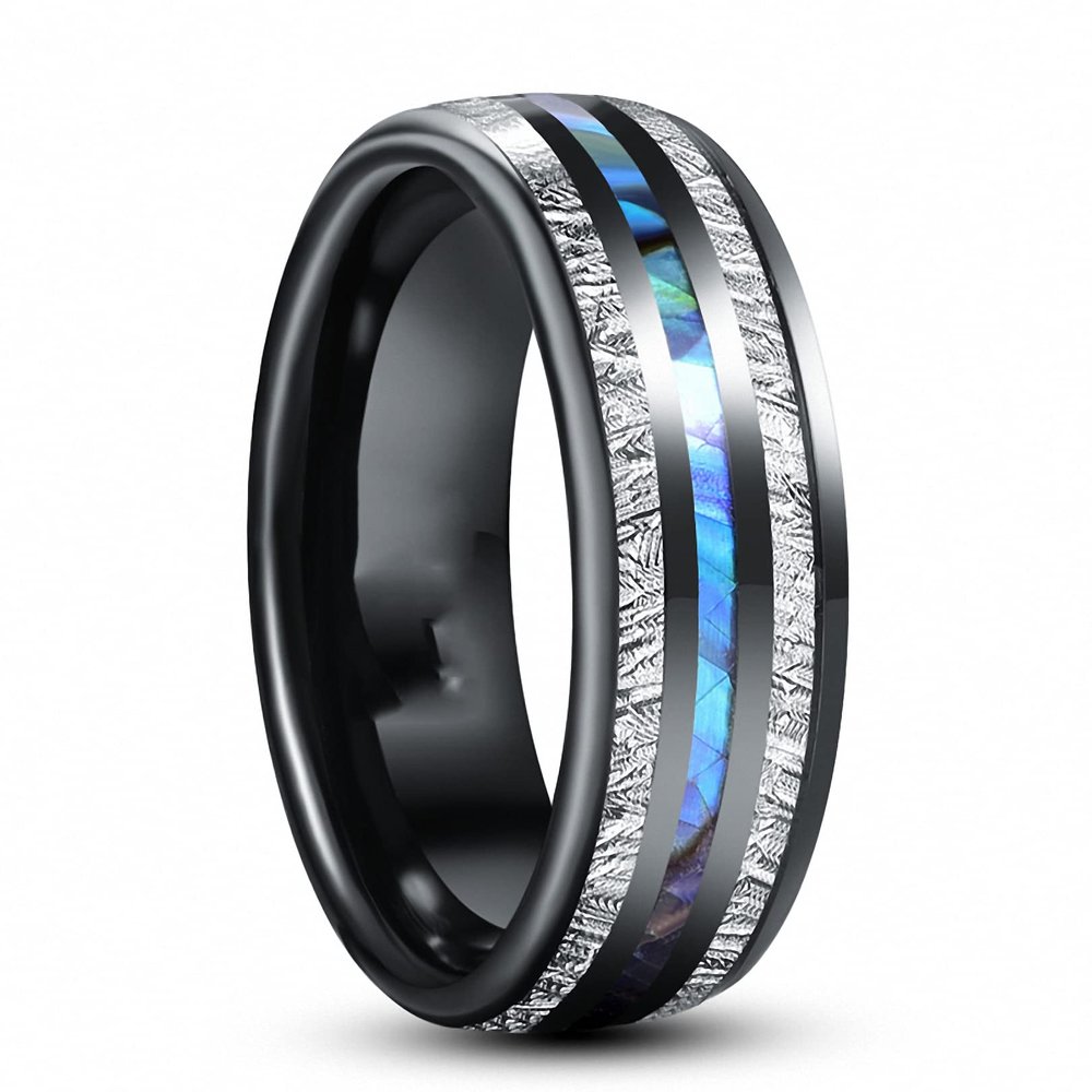 8 mm Electric Black Inlaid Meteorite Abalone Shell Dome Tungsten Carbide Ring Men's Wedding Jewelry As The Picture 11