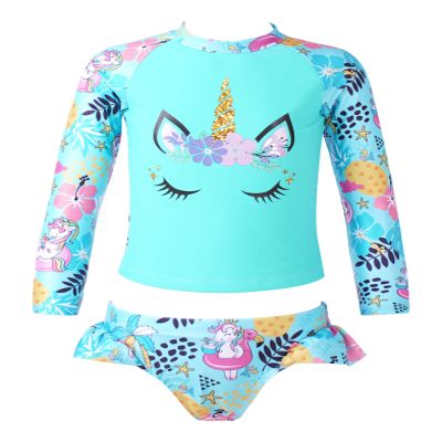 Yihuimin Kids Girls Cartoon Horse Print Swimsuit Fish Scales Pattern Sleeves Tops and Briefs Set Beachwear Cartoon Blue 12 Years