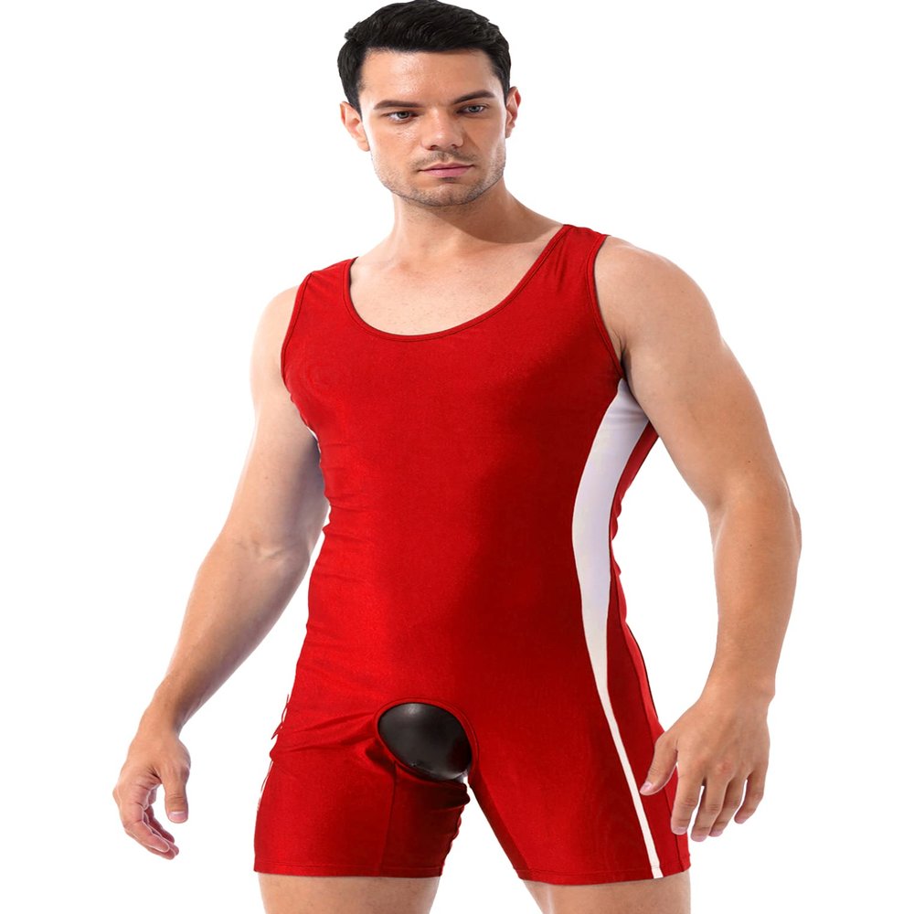 LiiYii Men's U Neck Tank Boxer Shorts Bodysuits Sleeveless Unitard Soft Pajamas Leotard Nightwear Red Large
