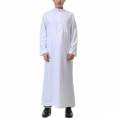 SXLLZSLC Kaftan Islamic Robe Men Long Sleeve Muslim Thobe Arabic Prayer Eid Clothes Dubai Saudi Arab Costume White