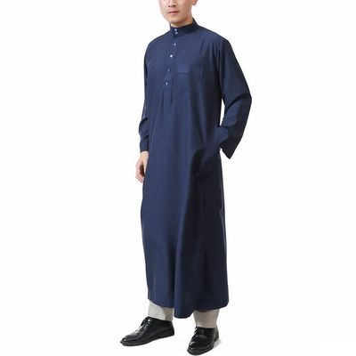 SXLLZSLC Kaftan Islamic Robe Men Long Sleeve Muslim Thobe Arabic Prayer Eid Clothes Dubai Saudi Arab Costume Blue