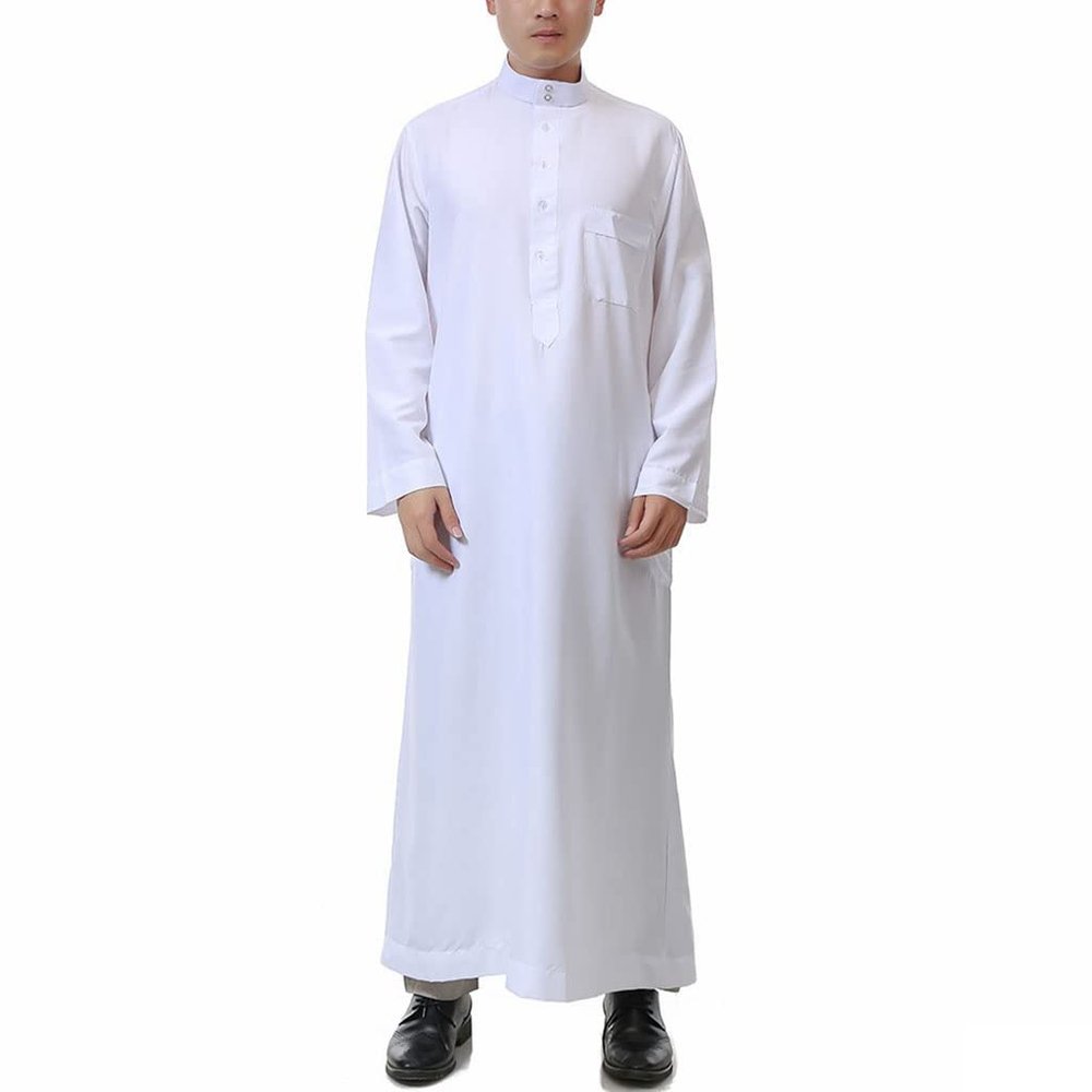 SXLLZSLC Kaftan Islamic Robe Men Long Sleeve Muslim Thobe Arabic Prayer Eid Clothes Dubai Saudi Arab Costume White
