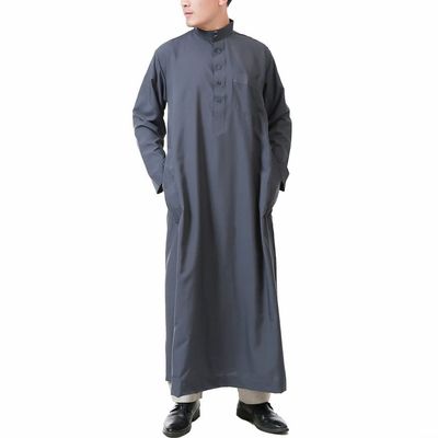 SXLLZSLC Kaftan Islamic Robe Men Long Sleeve Muslim Thobe Arabic Prayer Eid Clothes Dubai Saudi Arab Costume Grey