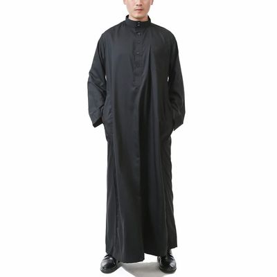 SXLLZSLC Kaftan Islamic Robe Men Long Sleeve Muslim Thobe Arabic Prayer Eid Clothes Dubai Saudi Arab Costume Black