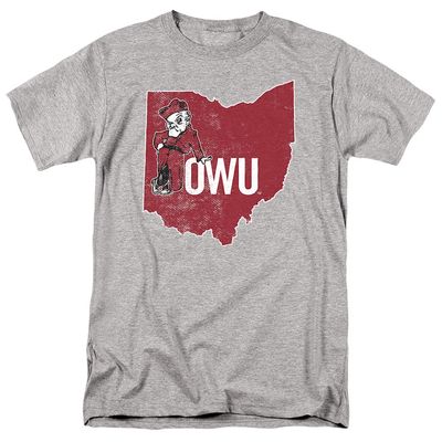 Ohio Wesleyan University Official State Shape Unisex Adult T Shirt,Athletic Heather, X-Large