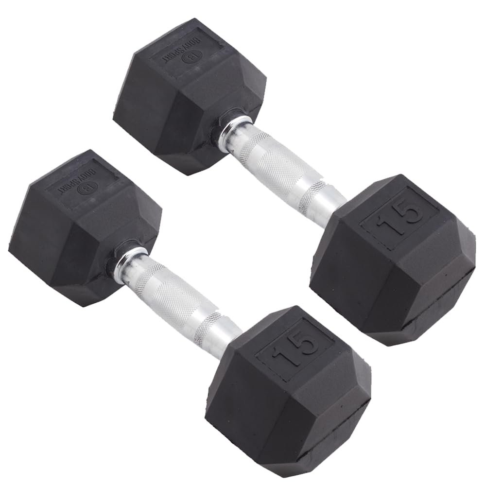 Body Sport Rubber Encased Hex Dumbbell Weight, 15 lb. (Pair) - Chrome, Anti-Slip Grip for Strength Training - Home Gym & Fitness Equipment