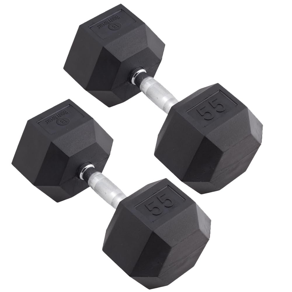 Body Sport Rubber Encased Hex Dumbbell Weight, 55 lb. (Pair) - Chrome, Anti-Slip Grip for Strength Training - Home Gym & Fitness Equipment