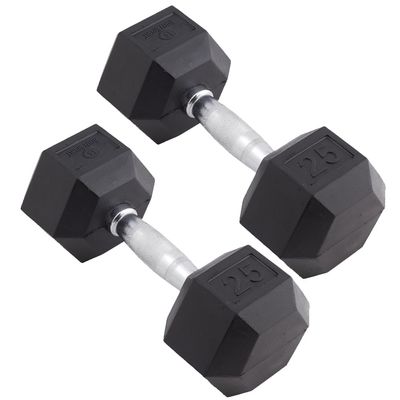 Body Sport Rubber Encased Hex Dumbbell Weight, 25 lb. (Pair) - Chrome, Anti-Slip Grip for Strength Training - Home Gym & Fitness Equipment