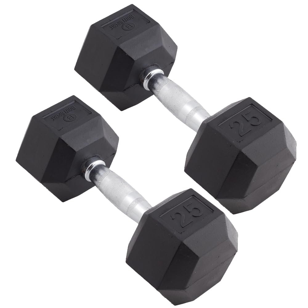 Body Sport Rubber Encased Hex Dumbbell Weight, 25 lb. (Pair) - Chrome, Anti-Slip Grip for Strength Training - Home Gym & Fitness Equipment