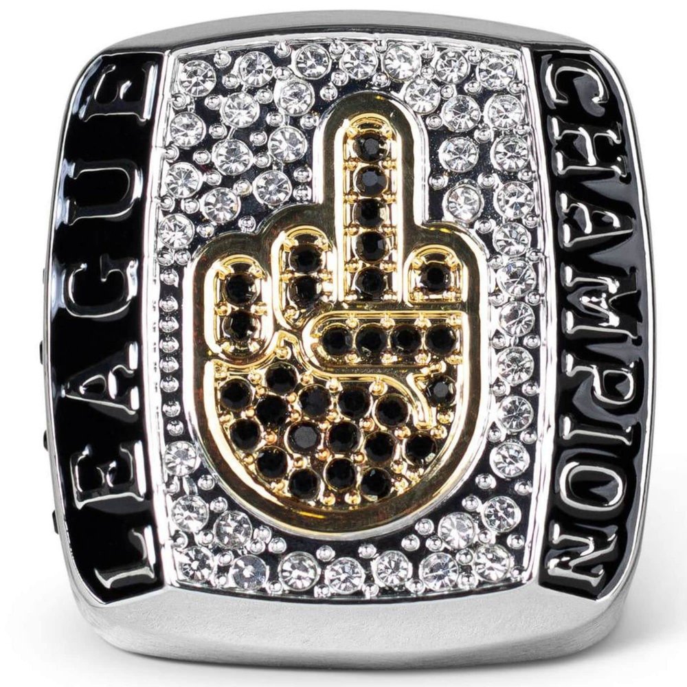 FANTASYJOCKS Fantasy Football Championship Ring BIRD FFL Champion Trophy Award Prize Silver Gold Black Glass Stones Sports Baseball Basketball Hockey Size 9