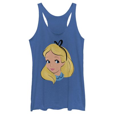 Disney Wonderland Alice Big Face Juniors Tri Blend Tank, Royal Blue Heather, Medium