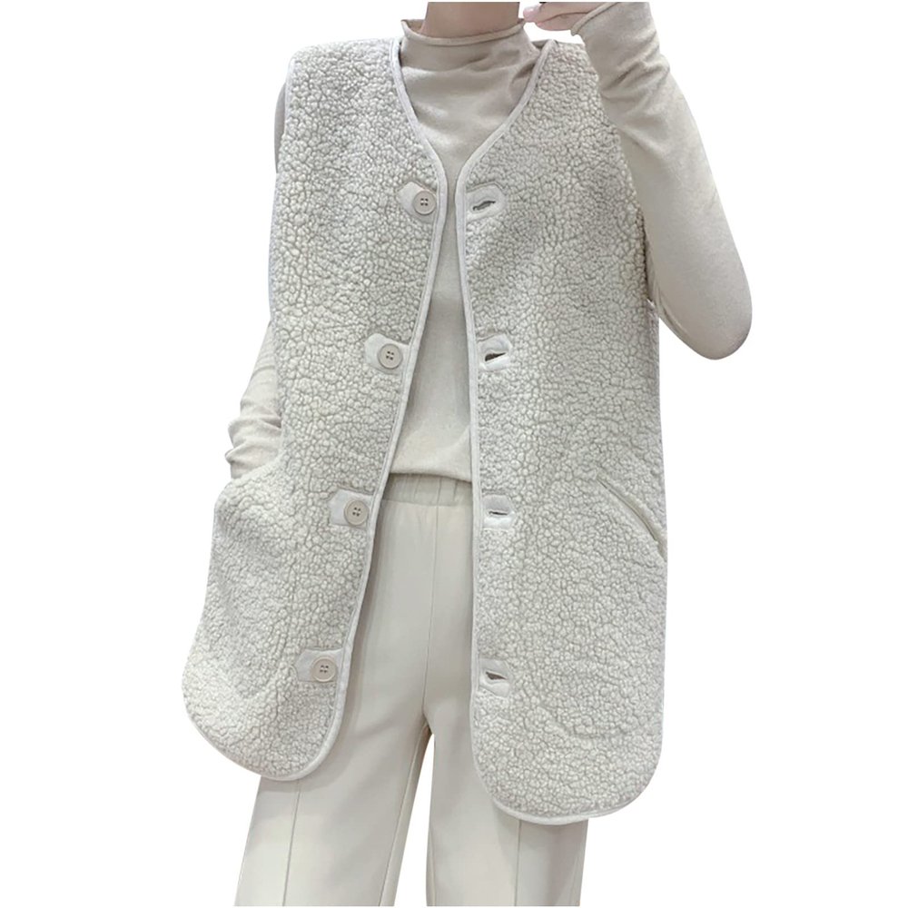tuduoms Winter Coats Womens Girls Warm Sherpa Vest Pockets Button Down Fuzzy Faux Shearling Teddy Jacket Gilet Waistcoat