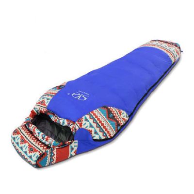 Outdoor Camping Adult Single Mummy Style Ultralight Thick Warm Down Sleeping Bag Chinese Ethnic Style Outdoor Equipment (Blue)