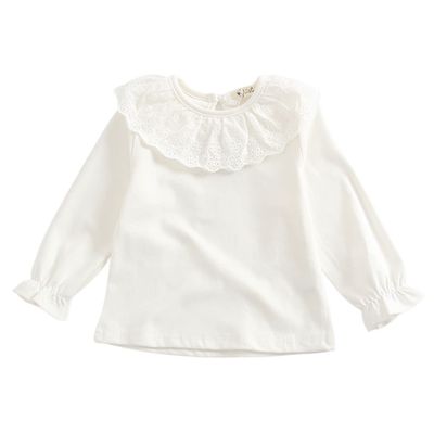 Baby Girl Kids Ruffle Blouses Long Sleeves Solid Color Doll Collar T-Shirt Top Bottom Cotton Top Basic Tees Plain Shirt (White,12-18 Months,12 Months,18 Months)