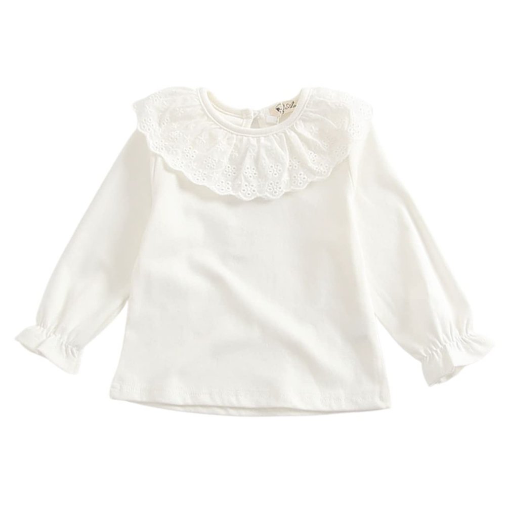 Baby Girl Kids Ruffle Blouses Long Sleeves Solid Color Doll Collar T-Shirt Top Bottom Cotton Top Basic Tees Plain Shirt (White,12-18 Months,12 Months,18 Months)