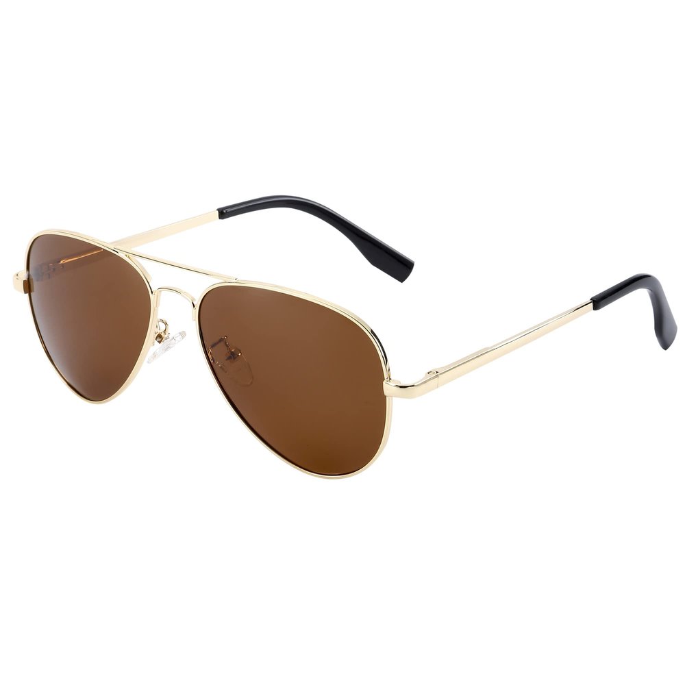 Onrtry Small Polarized Aviator Sunglasses for Boys Girls Classic Metal Frame Mirrored Lens Sun Glasses - 52MM(Gold Frame/Brown Lens)