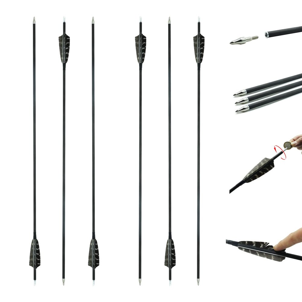 6/12 Pcs Carbon Arrows 30 Inch for Archery Shooting Spine 500 Arrows with Natural Feathers Competition Practice Hunting for Traditional Long Recurve Bows and Compound Bows (6 Pcs)