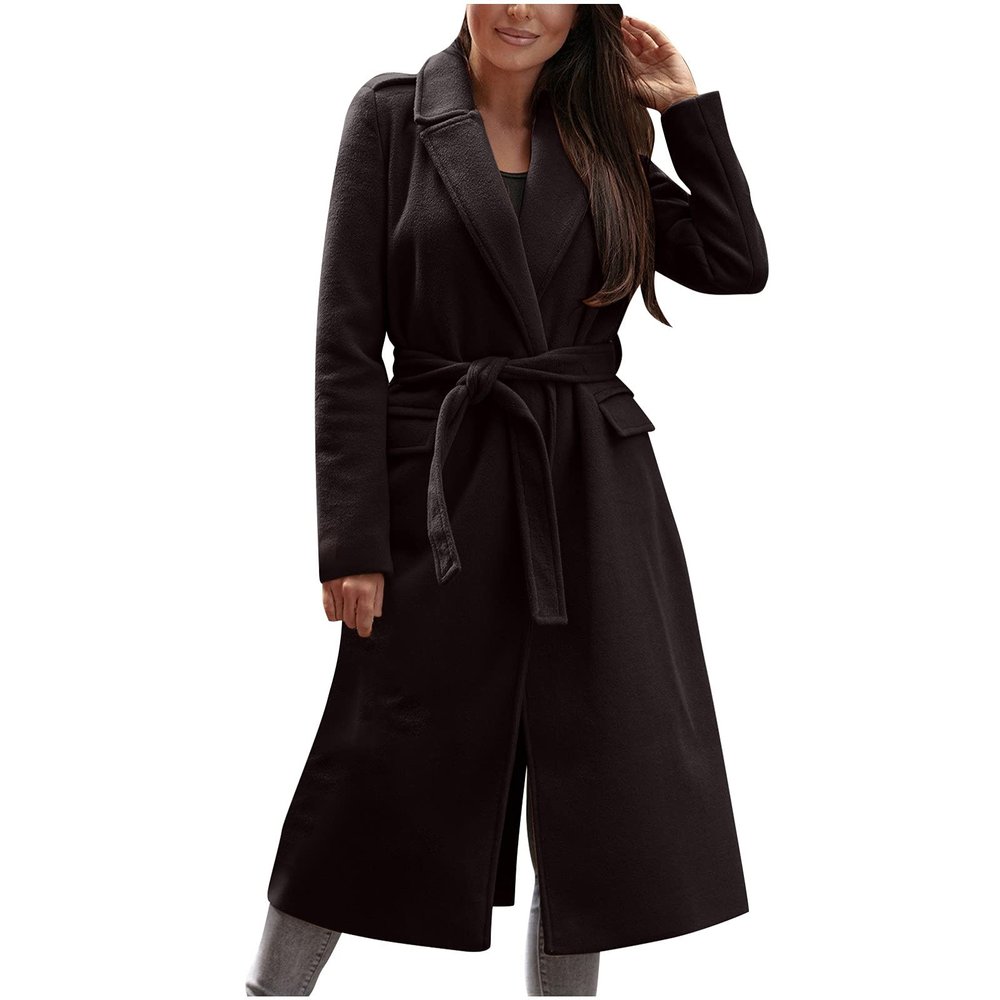 tuduoms Womens Ladies Long Trench Coat Wool Blend Pea Coat Warm Winter Belted Wrap Coats Outwear Cardigan Jacket Overcoat