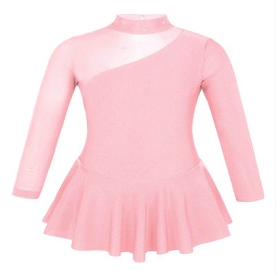 Agoky Kids Girls Long/Short Sleeve Gymnastic Leotard Skirt Ballet Dance Tutu Dress Mock Neck Floral Lace Dancewear Pearl Pink Tulle 13-14
