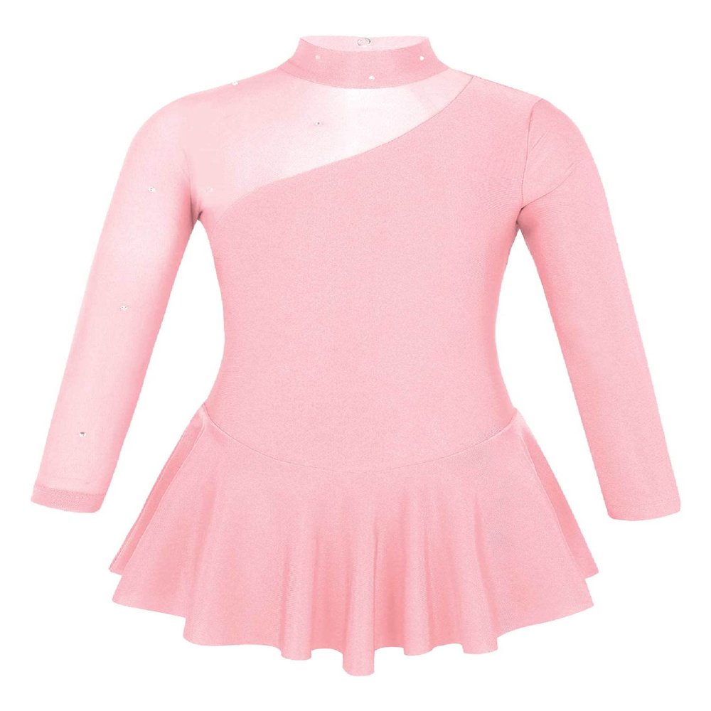 Agoky Kids Girls Long/Short Sleeve Gymnastic Leotard Skirt Ballet Dance Tutu Dress Mock Neck Floral Lace Dancewear Pearl Pink Tulle 13-14