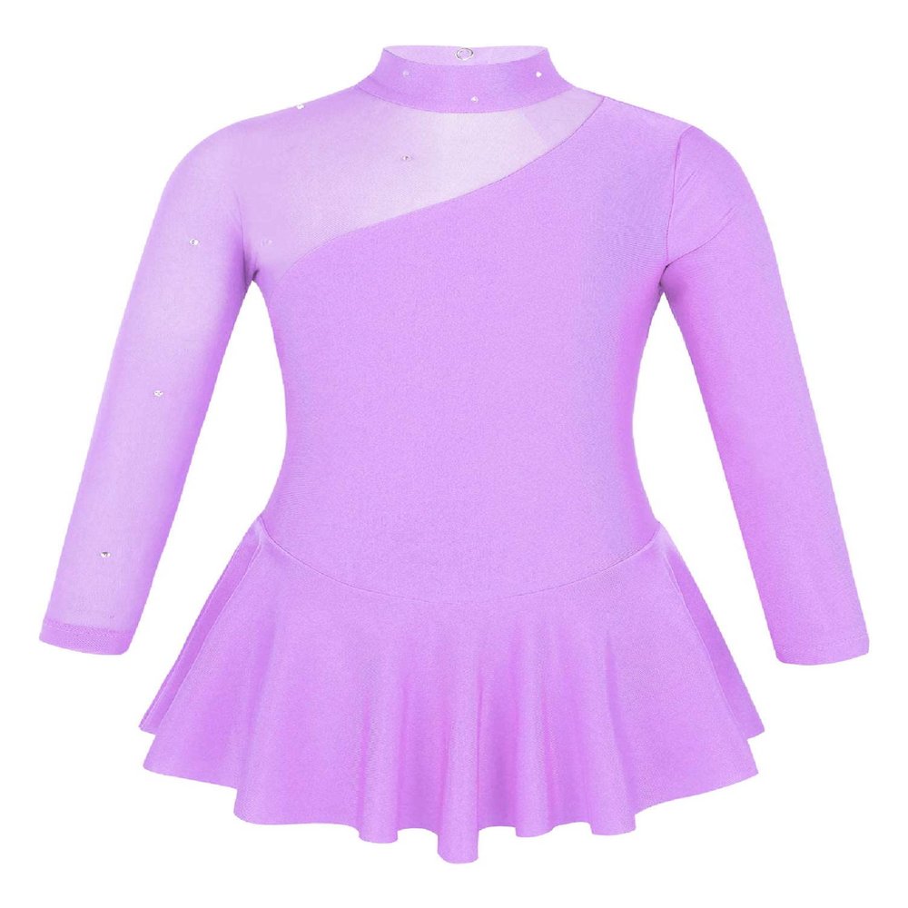 winying Girls Mock Neck Long Sleeves Tulle Splice Cut Out Back Roller Ice Figure Skating Dress Ballet Dancewear Lavender 6 Years