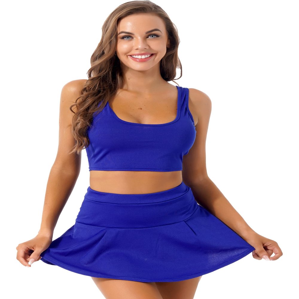 Yihuimin Women's 2 Piece Cheerleading Uniforms Casual Sport Crop Tops with Pleated Skirt Activewear Royal_Blue Large