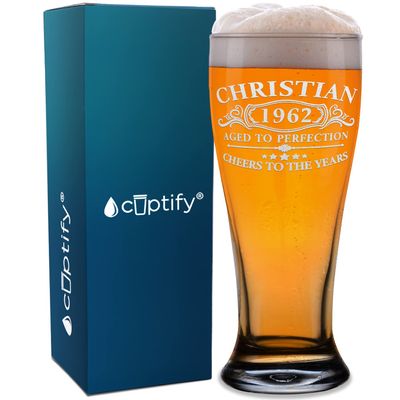 Personalized Beer Glass 61st Birthday Gift for Men Vintage Aged To Perfection Cheers To 61 Years Old 1962 Etched Custom Gift 16 oz Pilsner Drinking Glasses For Men and Women