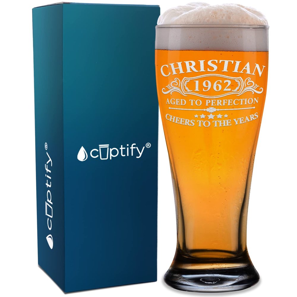 Personalized Beer Glass 61st Birthday Gift for Men Vintage Aged To Perfection Cheers To 61 Years Old 1962 Etched Custom Gift 16 oz Pilsner Drinking Glasses For Men and Women