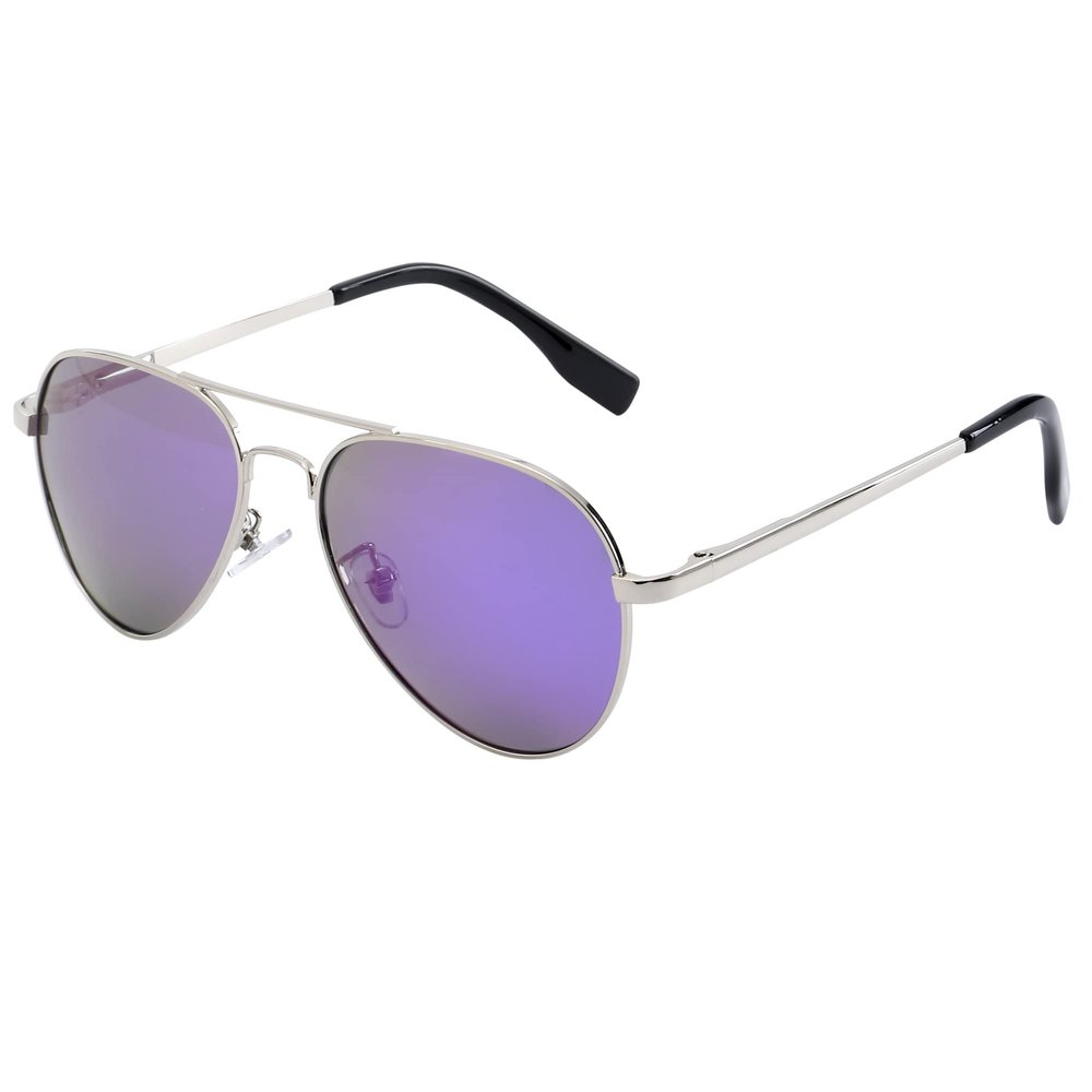 Onrtry Small Polarized Aviator Sunglasses for Boys Girls Classic Metal Frame Mirrored Lens Sun Glasses - 52MM(Silver Frame/Purple Lens)
