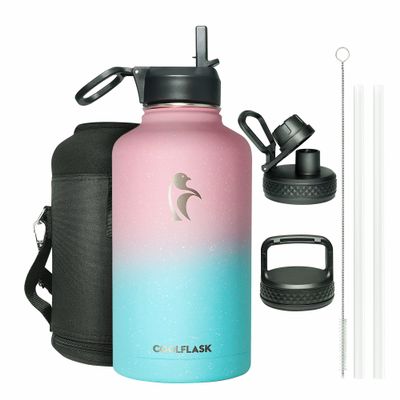64 oz Water Bottle Insulated with Straw&3 Lids, Coolflask Half Gallon Water Jug Galaxy Large Metal Stainless Steel Vacuum flask for Gym, Sports and Travel, Keep Cold 48H Hot 24H, Blooming Cherry