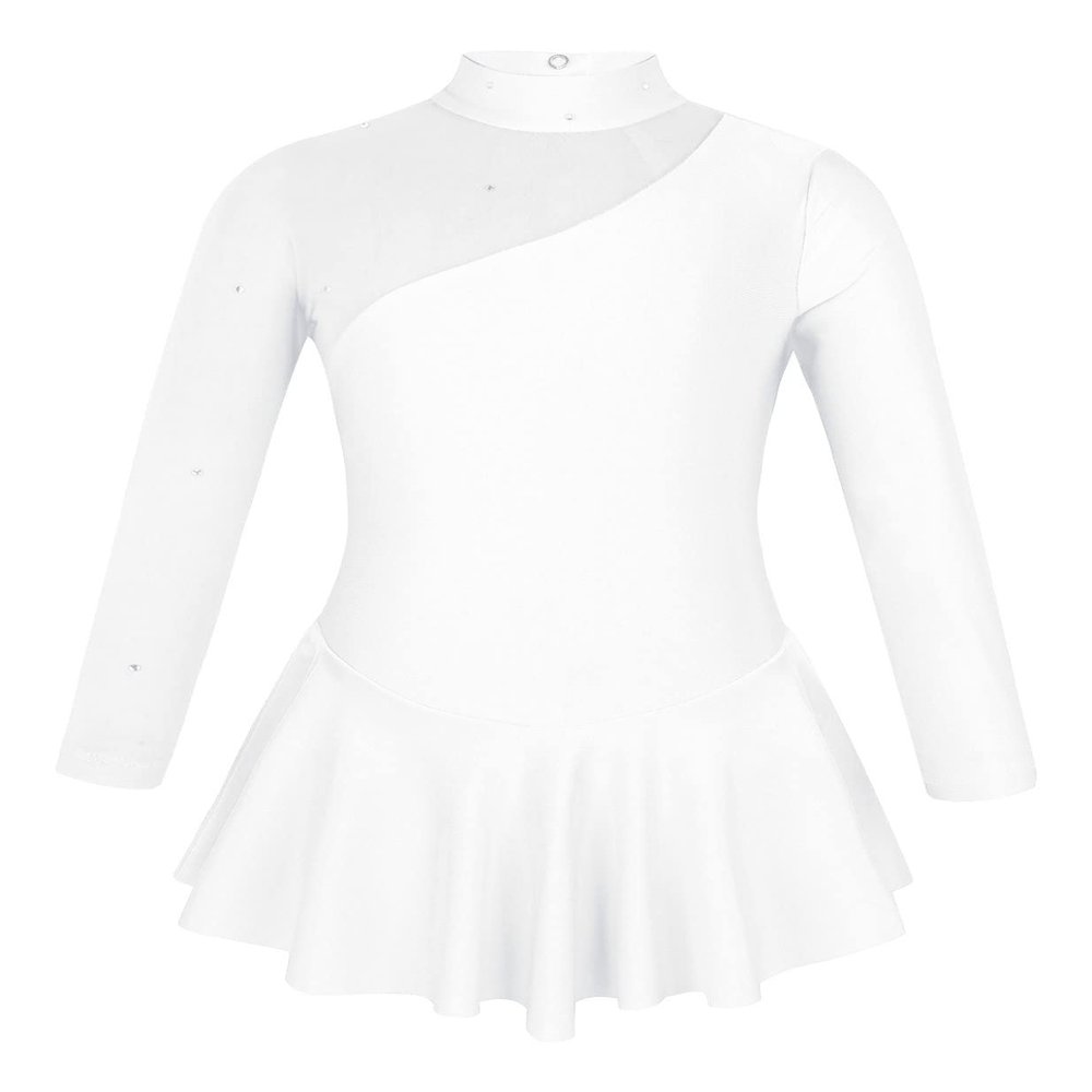 VernLan Girls Mesh Spliced Figure Ice Skating Dress Leotard Ruffle Skirt Lyrical Ballet Dance wear Performnce Costumes White 12 Years