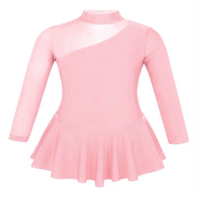 Oyolan Kid Girls Mock Neck Mesh Splice Roller Ice Figure Skating Dress Leotard Ballet Dance Wear Outfit Costumes Pearl Pink 8 Years