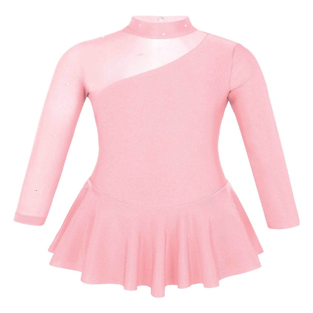 Oyolan Kid Girls Mock Neck Mesh Splice Roller Ice Figure Skating Dress Leotard Ballet Dance Wear Outfit Costumes Pearl Pink 8 Years