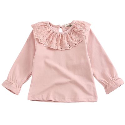 Baby Girl Kids Ruffle Blouses Long Sleeves Solid Color Doll Collar T-Shirt Top Bottom Cotton Top Basic Tees Plain Shirt (Pink,6-9 Months,6 Months,9 Months)