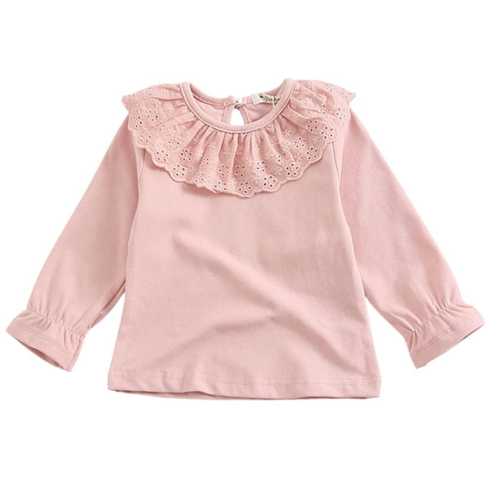 Baby Girl Kids Ruffle Blouses Long Sleeves Solid Color Doll Collar T-Shirt Top Bottom Cotton Top Basic Tees Plain Shirt (Pink,6-9 Months,6 Months,9 Months)